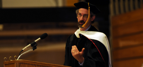 English professor Dr. Mark Haas, recipient of the 2006–07 Excellence in Teaching award, addresses the audience.