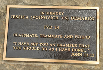 The plaque in honor of Jessica Vojnovich Cemarco '06.