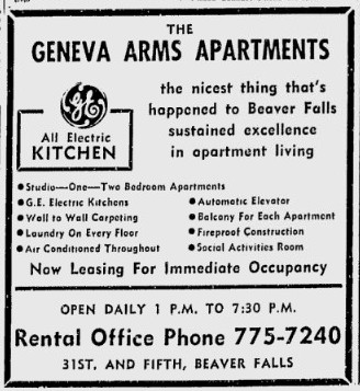1966 Geneva Arms Apartment Advertisement in the Beaver County Times