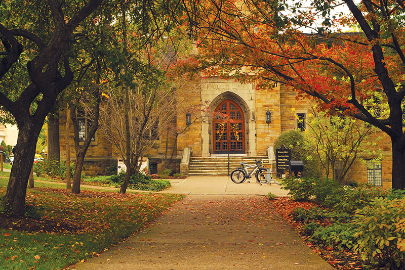 The doors of McCartney Library in the fall