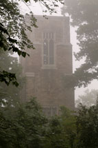 Picture of McCartney Library bell tower on a foggy morning