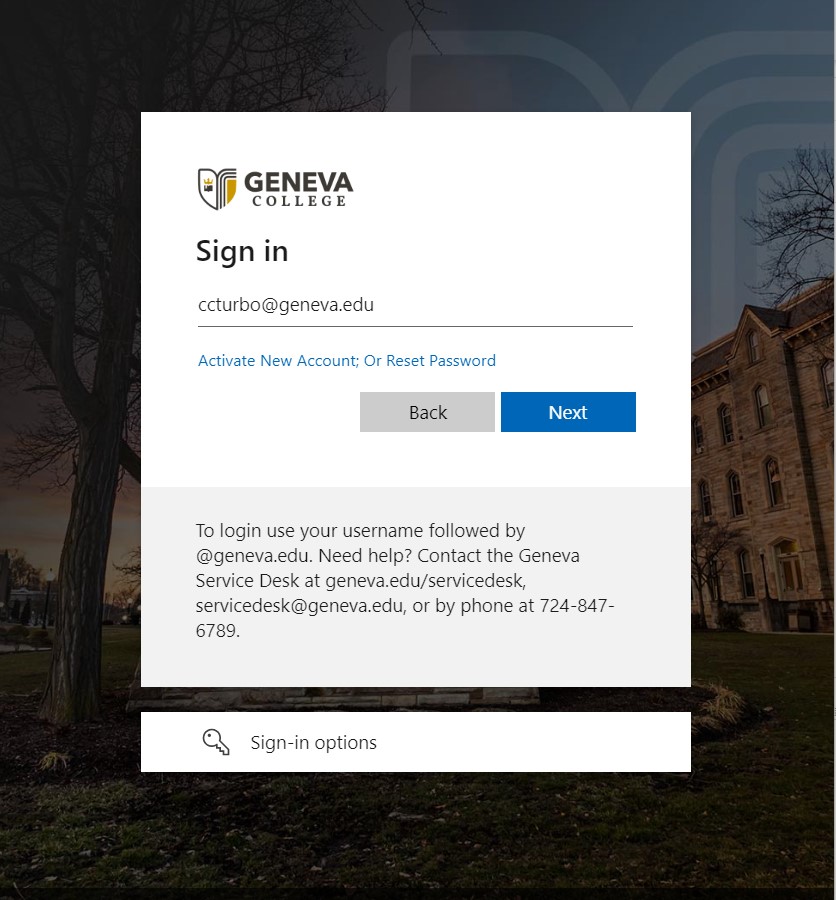 Screen image showing the first login option filled in with ccturbo@geneva.edu
