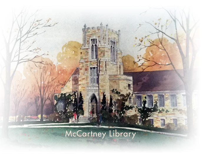 Watercolor of McCartney Library by W.G. Eckles Architects