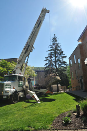 The Class of 2010 senior gift being lowered.