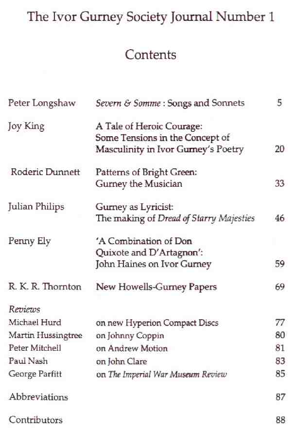 Table of Contents of the Ivor Gurney Society Journal, 1995